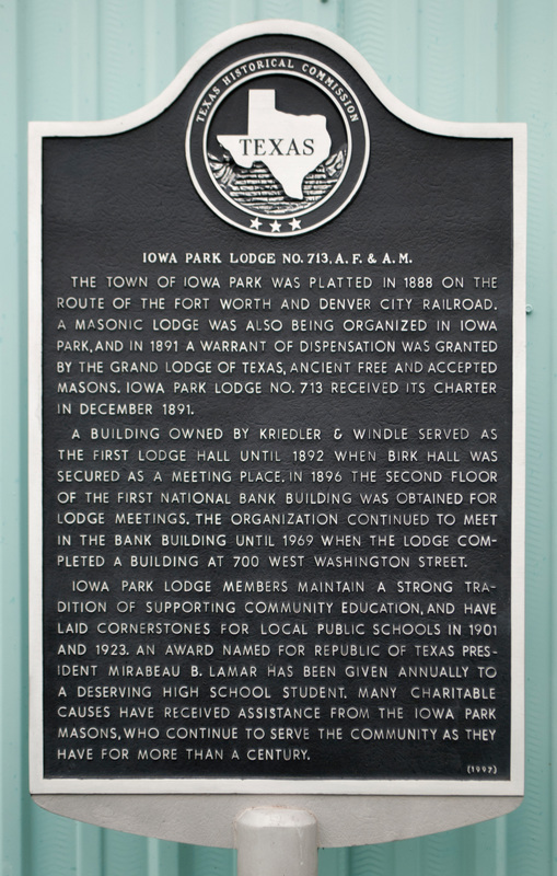 Iowa Park Lodge historical marker in an archival photograph